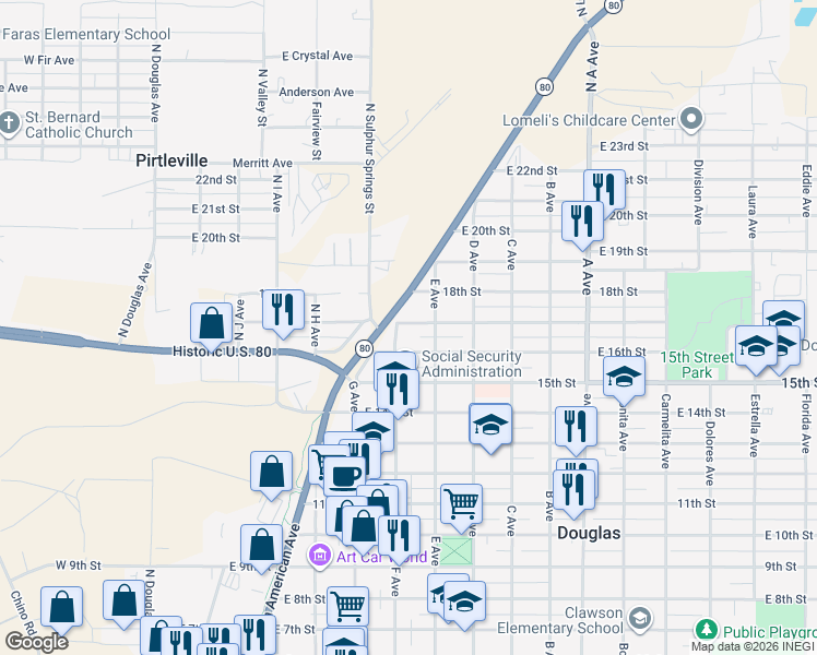 map of restaurants, bars, coffee shops, grocery stores, and more near 601-611 East 17th Street in Douglas