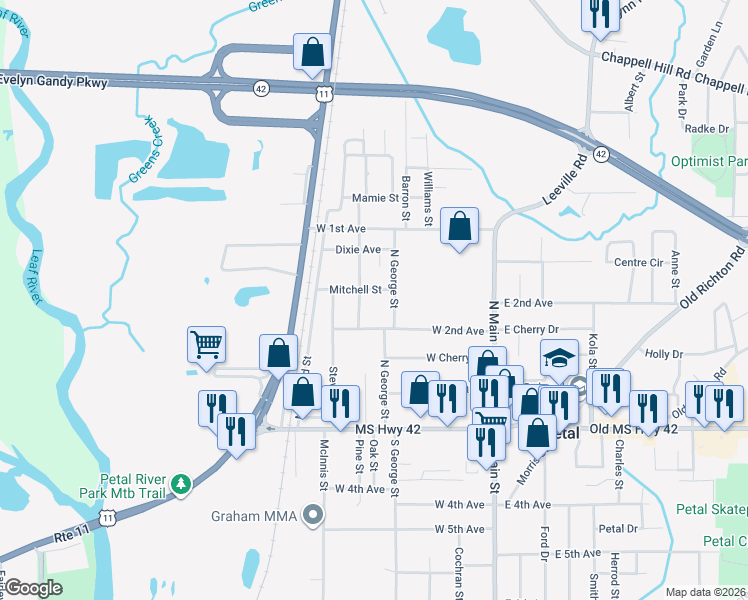 map of restaurants, bars, coffee shops, grocery stores, and more near 309 Mitchell Street in Petal