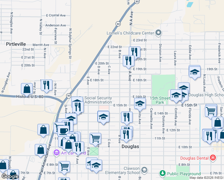 map of restaurants, bars, coffee shops, grocery stores, and more near 1624 C Avenue in Douglas
