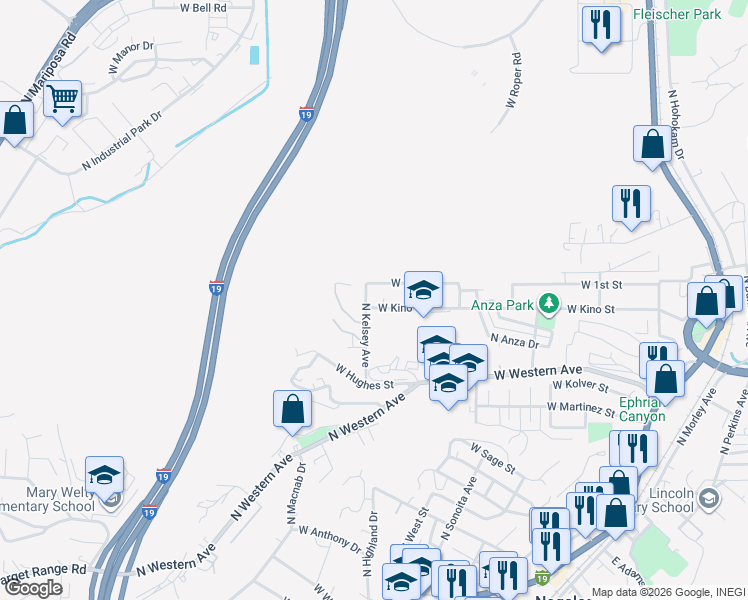 map of restaurants, bars, coffee shops, grocery stores, and more near 670 West Kino Street in Nogales