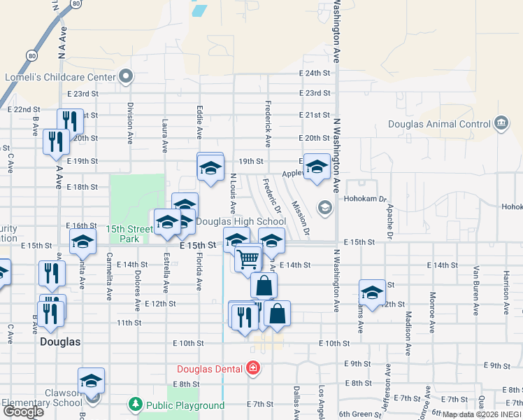 map of restaurants, bars, coffee shops, grocery stores, and more near 1537 San Antonio Drive in Douglas