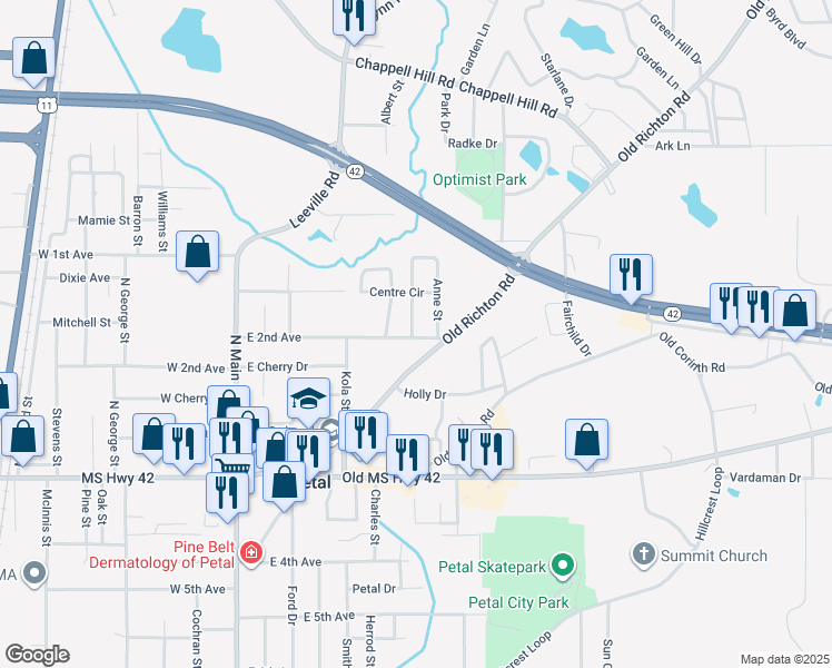 map of restaurants, bars, coffee shops, grocery stores, and more near 400 East 2nd Avenue in Petal