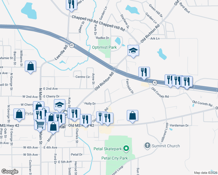 map of restaurants, bars, coffee shops, grocery stores, and more near 115 Norman Drive in Petal