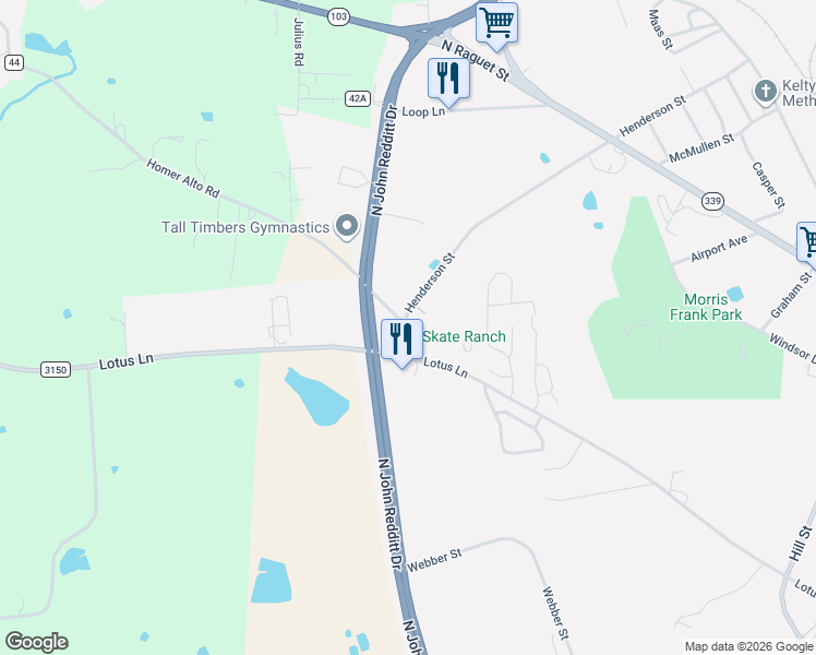 map of restaurants, bars, coffee shops, grocery stores, and more near 2401 Homer Alto Road in Lufkin