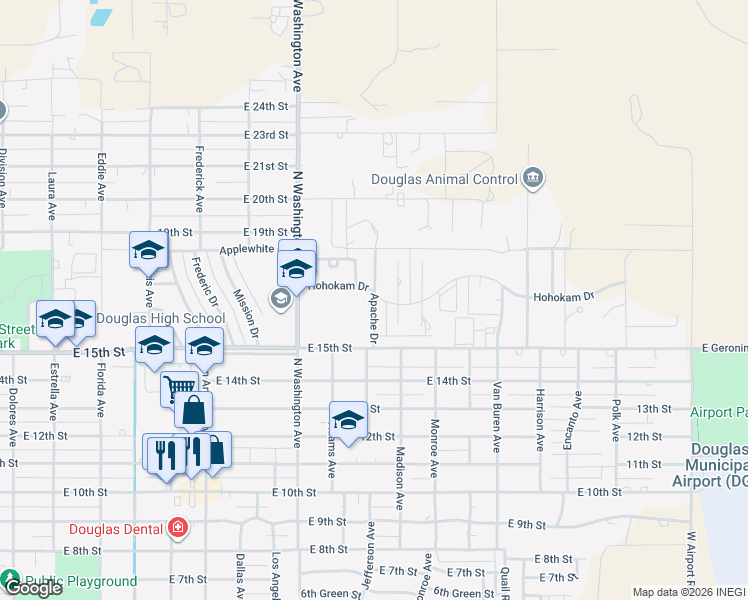 map of restaurants, bars, coffee shops, grocery stores, and more near 2175 Hohokam Drive in Douglas