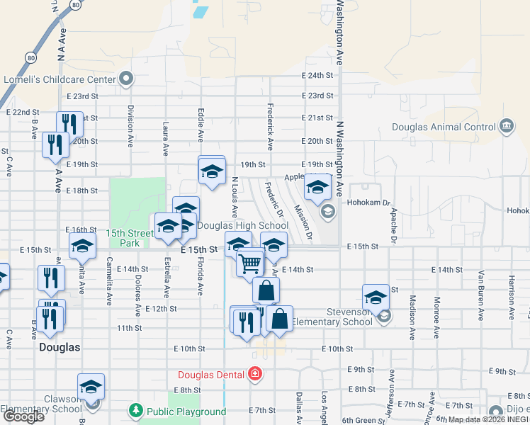 map of restaurants, bars, coffee shops, grocery stores, and more near 1537 San Antonio Drive in Douglas