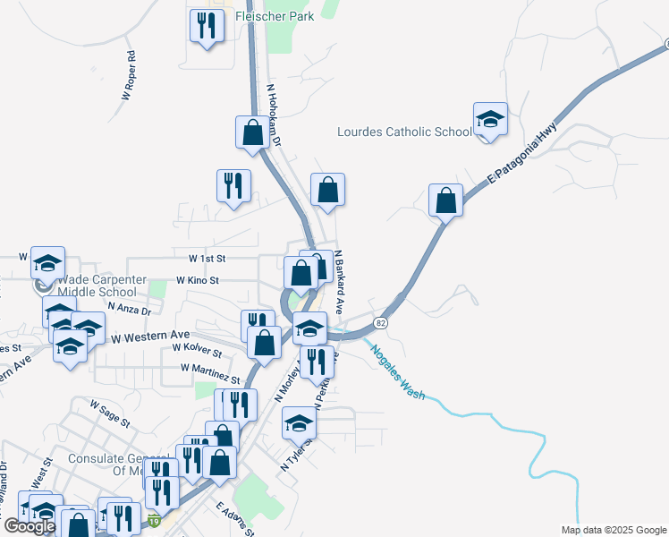 map of restaurants, bars, coffee shops, grocery stores, and more near 1067 North Bankard Avenue in Nogales