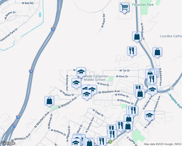 map of restaurants, bars, coffee shops, grocery stores, and more near 1064 North B Avenue in Nogales