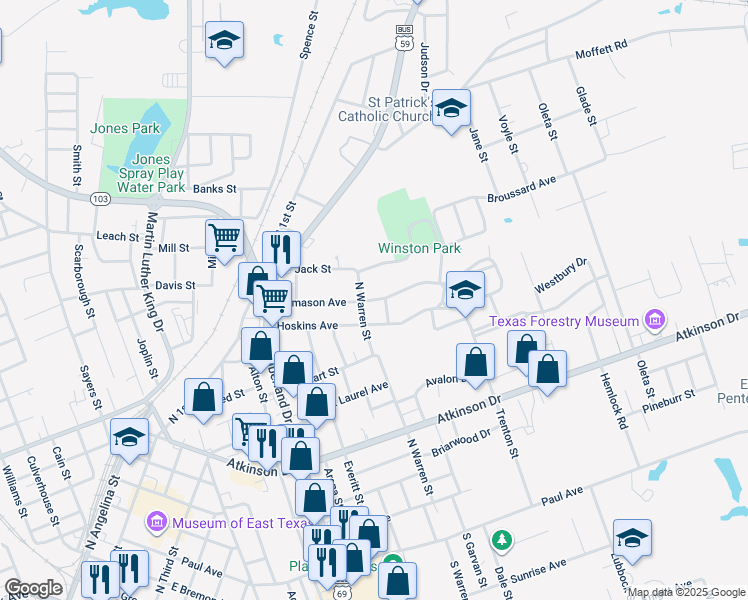 map of restaurants, bars, coffee shops, grocery stores, and more near 402 Humason Avenue in Lufkin