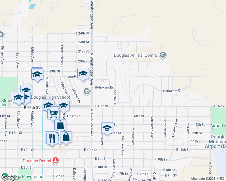 map of restaurants, bars, coffee shops, grocery stores, and more near 2175 Hohokam Drive in Douglas