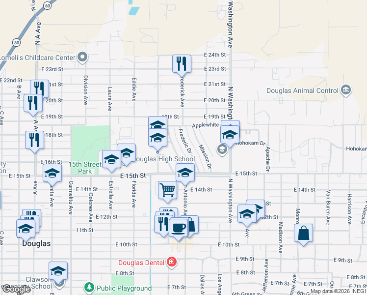 map of restaurants, bars, coffee shops, grocery stores, and more near 1537 San Antonio Drive in Douglas