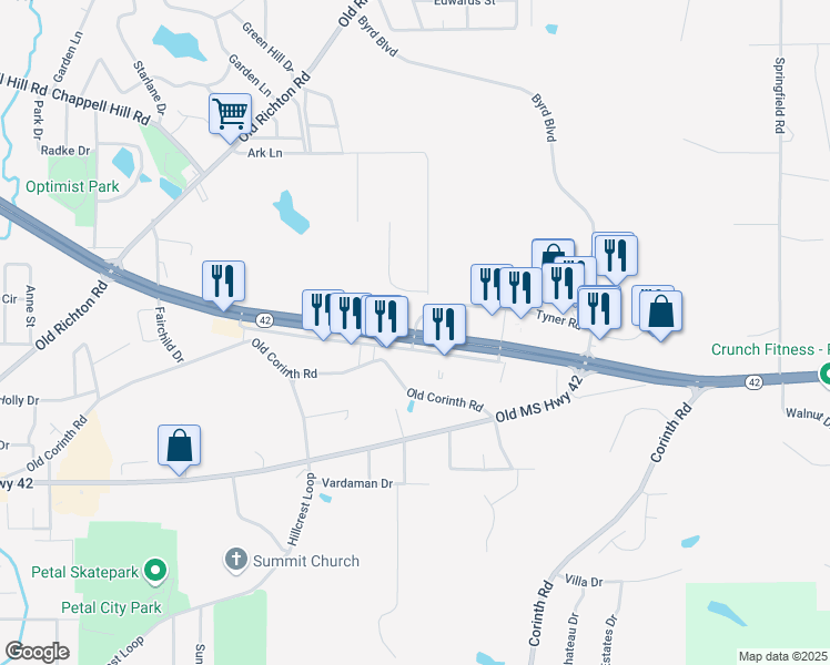 map of restaurants, bars, coffee shops, grocery stores, and more near 203 Mississippi 42 in Sumrall