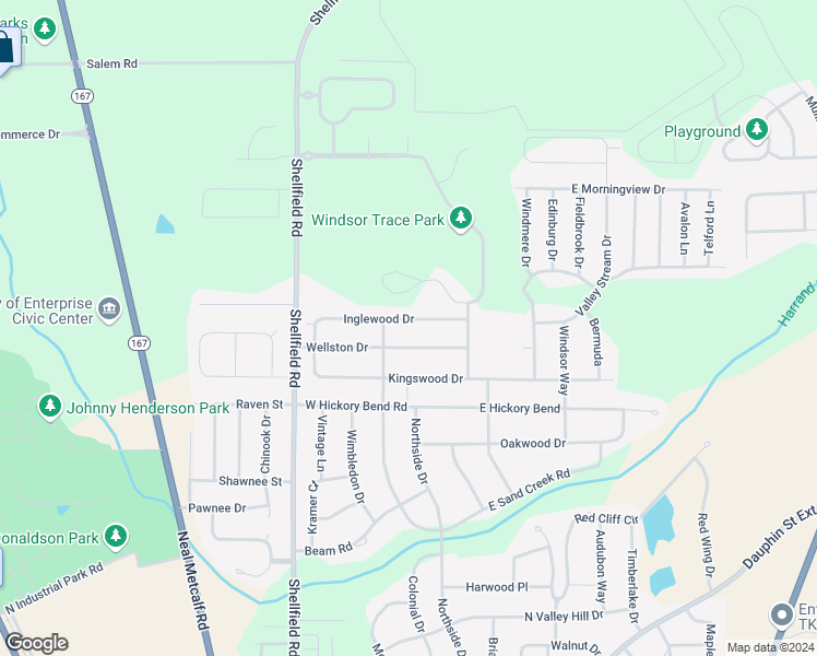 map of restaurants, bars, coffee shops, grocery stores, and more near 213 Inglewood Drive in Enterprise