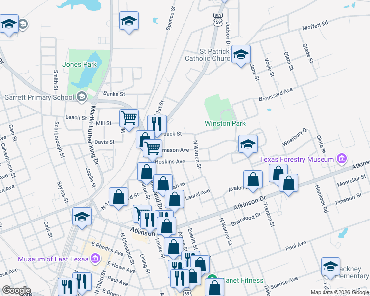map of restaurants, bars, coffee shops, grocery stores, and more near 340 Humason Avenue in Lufkin