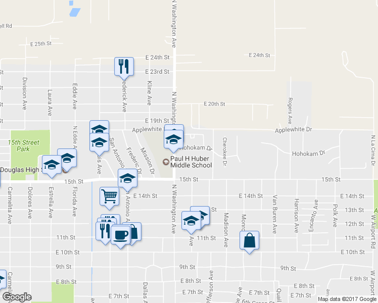 map of restaurants, bars, coffee shops, grocery stores, and more near 2125 Hohokam Drive in Douglas