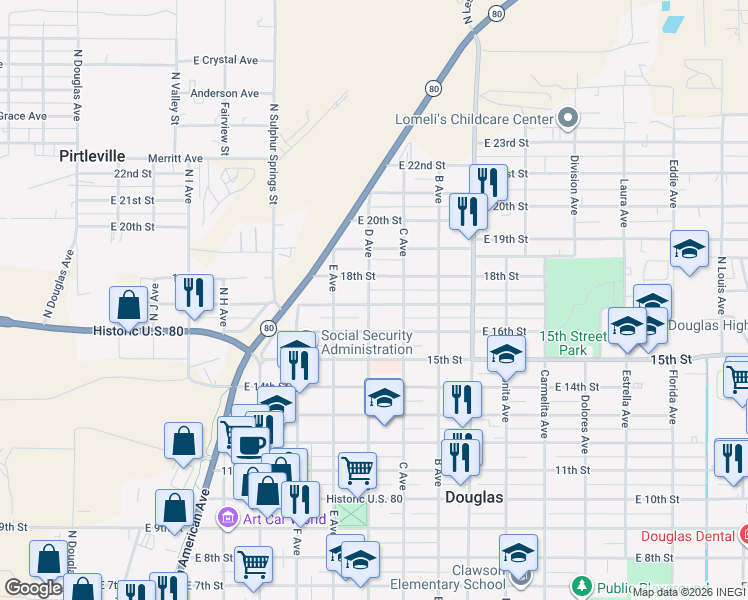 map of restaurants, bars, coffee shops, grocery stores, and more near 817 East 17th Street in Douglas