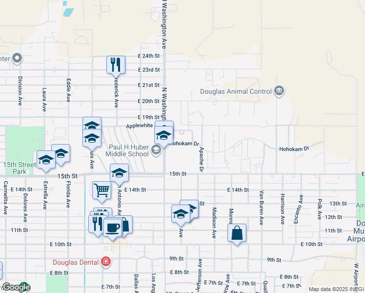 map of restaurants, bars, coffee shops, grocery stores, and more near 2125 Hohokam Drive in Douglas