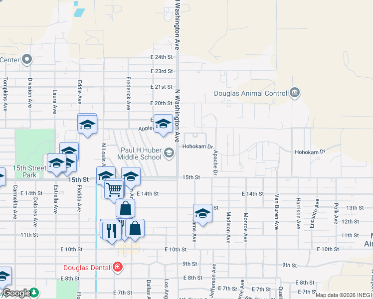 map of restaurants, bars, coffee shops, grocery stores, and more near 2125 Hohokam Drive in Douglas