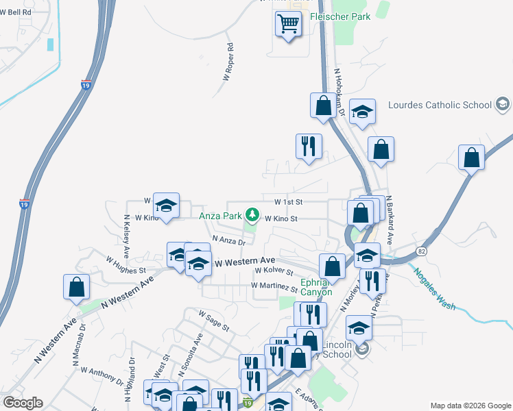 map of restaurants, bars, coffee shops, grocery stores, and more near 290 West Kino Street in Nogales