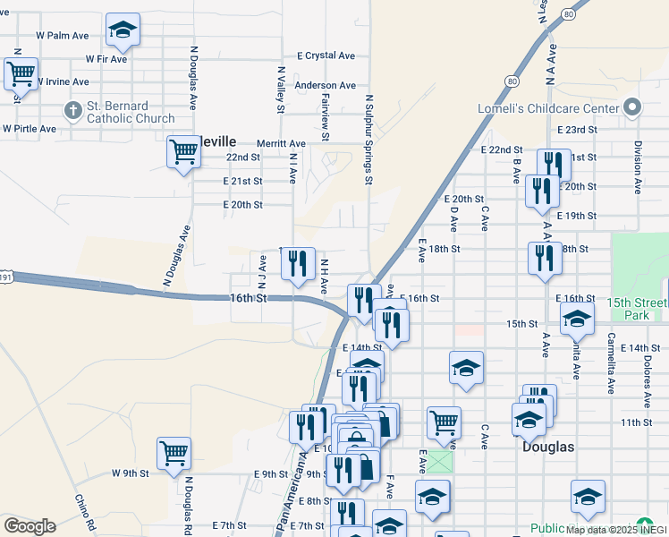 map of restaurants, bars, coffee shops, grocery stores, and more near 401-445 17th Street in Douglas