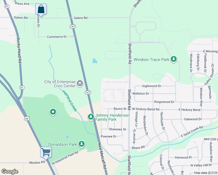 map of restaurants, bars, coffee shops, grocery stores, and more near 308 Huntington Dr in Enterprise