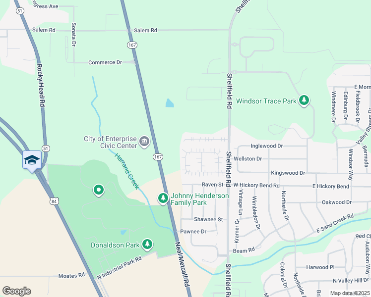 map of restaurants, bars, coffee shops, grocery stores, and more near 319 Huntington Drive in Enterprise