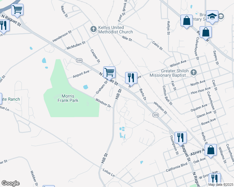 map of restaurants, bars, coffee shops, grocery stores, and more near 1917 Hill Street in Lufkin