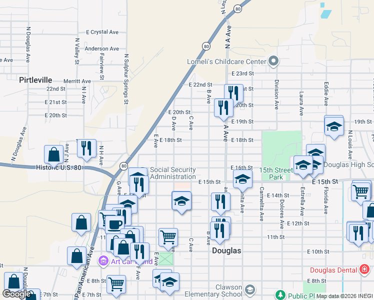 map of restaurants, bars, coffee shops, grocery stores, and more near 1624 C Avenue in Douglas