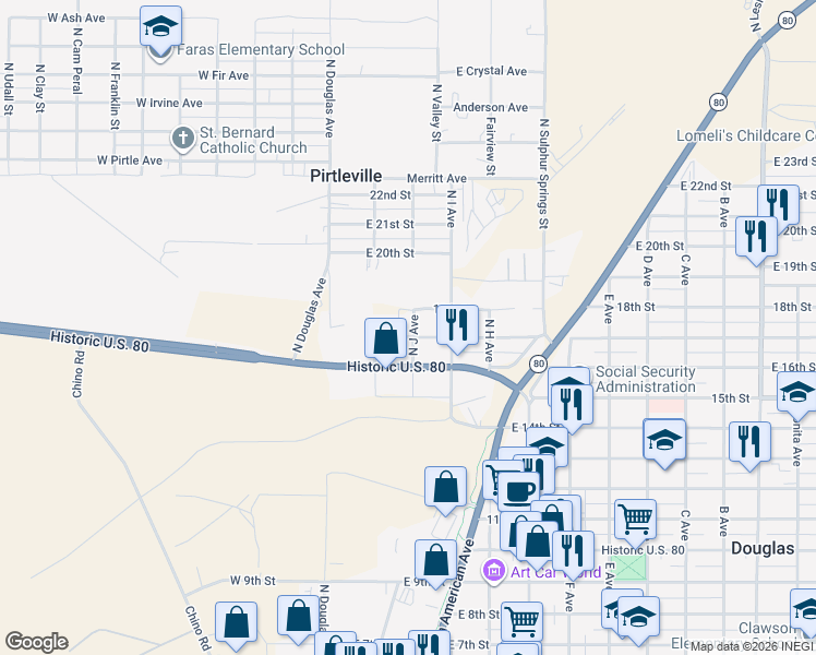 map of restaurants, bars, coffee shops, grocery stores, and more near 103 17th Street in Douglas