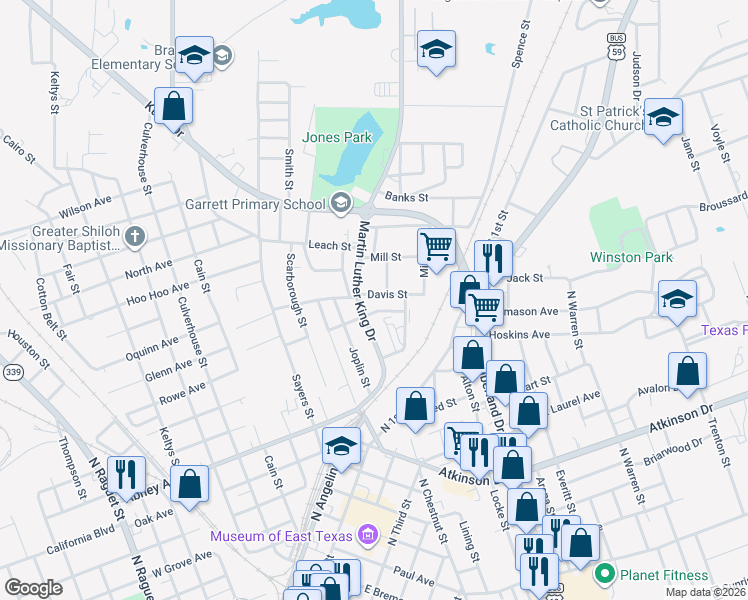 map of restaurants, bars, coffee shops, grocery stores, and more near 317-409 Birch Street in Lufkin