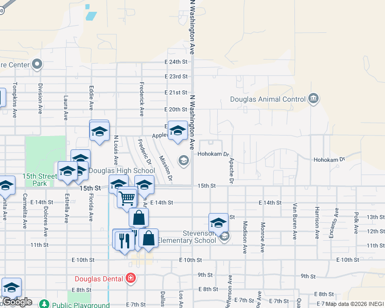 map of restaurants, bars, coffee shops, grocery stores, and more near 1700 North Washington Avenue in Douglas