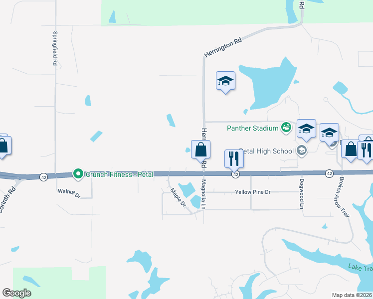 map of restaurants, bars, coffee shops, grocery stores, and more near 1027 Highway 42 in Petal