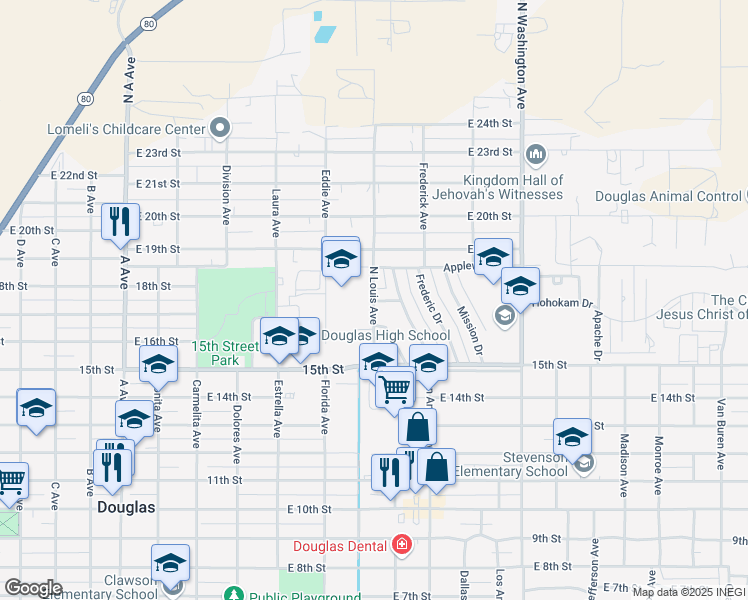 map of restaurants, bars, coffee shops, grocery stores, and more near 1700 North Louis Avenue in Douglas