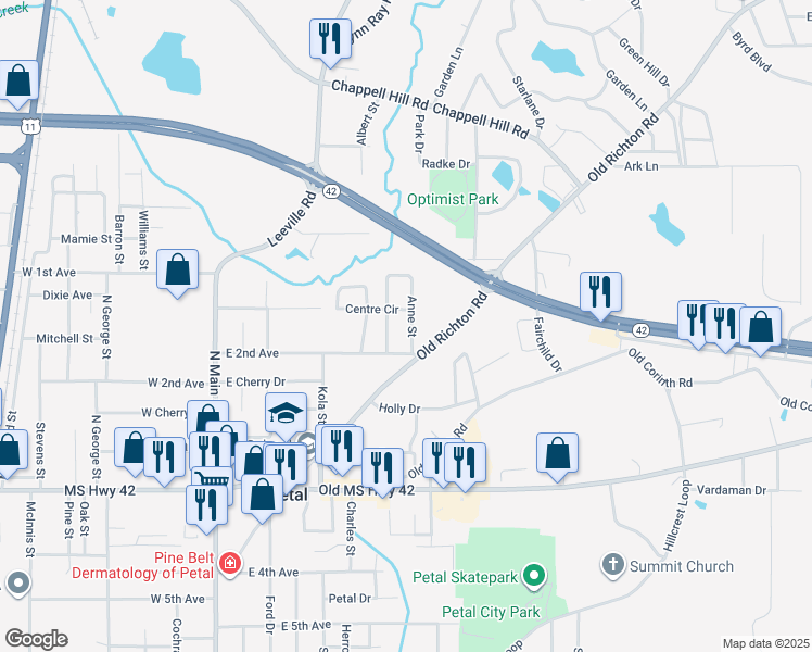 map of restaurants, bars, coffee shops, grocery stores, and more near 400 E 2nd Ave in Petal