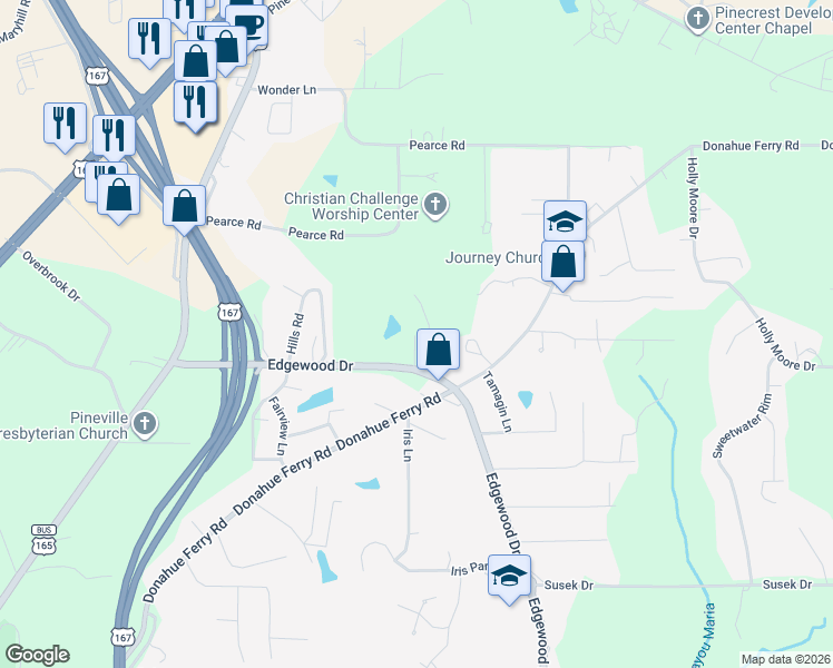 map of restaurants, bars, coffee shops, grocery stores, and more near 726 Edgewood Drive in Pineville