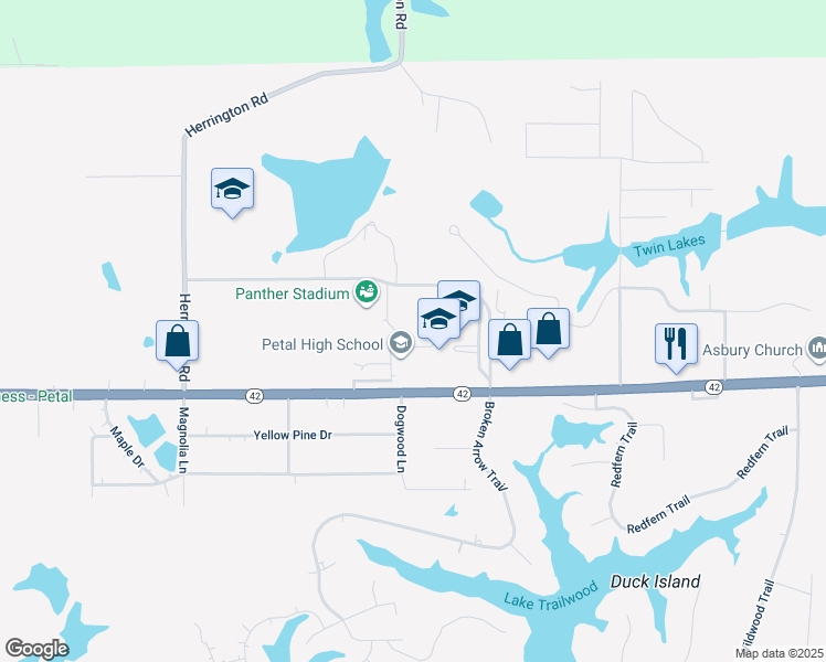 map of restaurants, bars, coffee shops, grocery stores, and more near 1145 Mississippi 42 in Petal