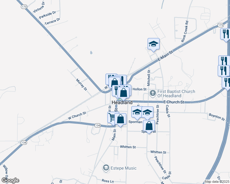 map of restaurants, bars, coffee shops, grocery stores, and more near 22 Main Street in Headland