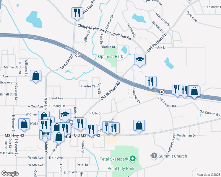 map of restaurants, bars, coffee shops, grocery stores, and more near 501-569 Old Richton Road in Petal
