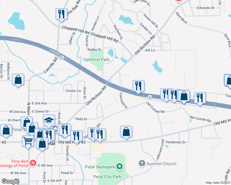 map of restaurants, bars, coffee shops, grocery stores, and more near 100-106 Evelyn Gandy Pkwy in Petal