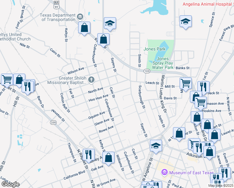 map of restaurants, bars, coffee shops, grocery stores, and more near 612 Hoo Hoo Avenue in Lufkin