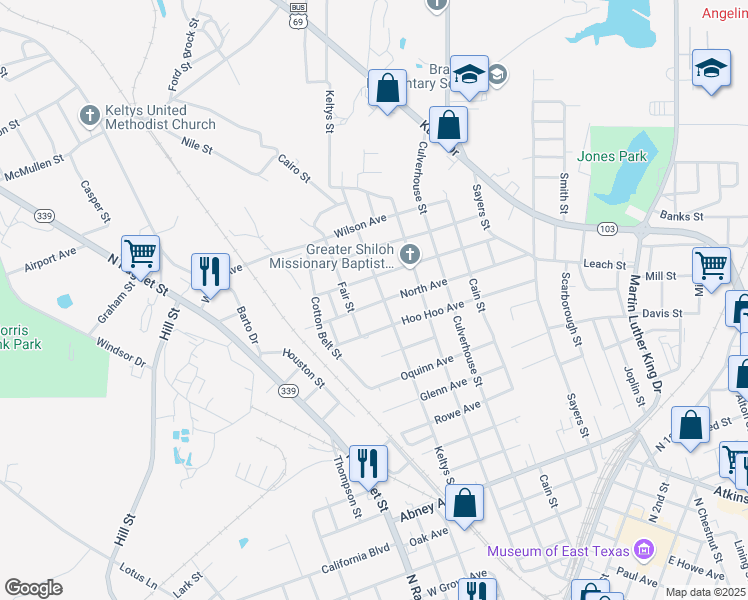map of restaurants, bars, coffee shops, grocery stores, and more near 1601 Keltys Street in Lufkin
