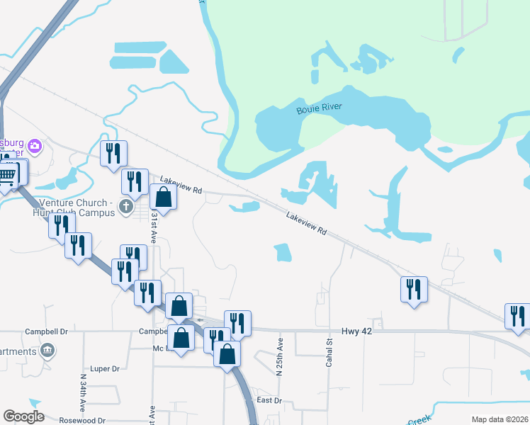map of restaurants, bars, coffee shops, grocery stores, and more near 2800 Lakeview Rd in Hattiesburg