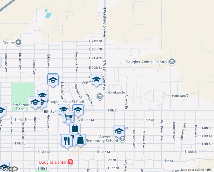 map of restaurants, bars, coffee shops, grocery stores, and more near 1700-1798 North Washington Avenue in Douglas