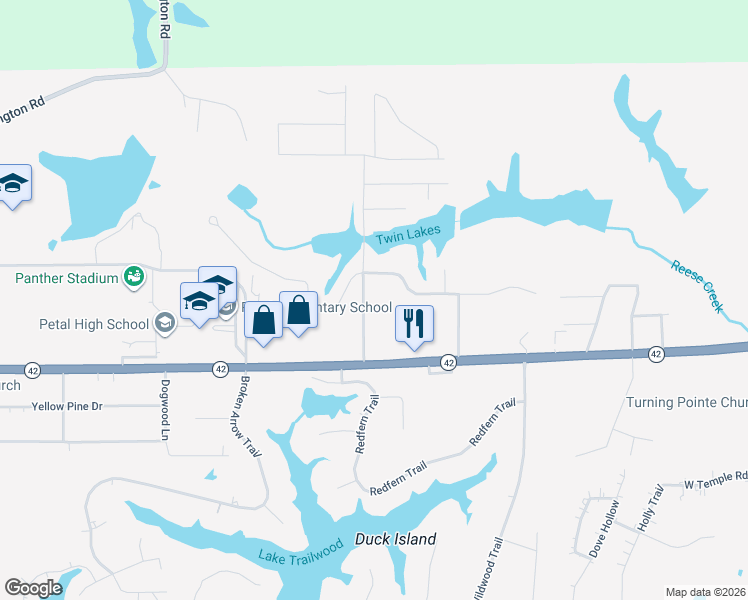 map of restaurants, bars, coffee shops, grocery stores, and more near 11 Twin Lakes Road in Petal