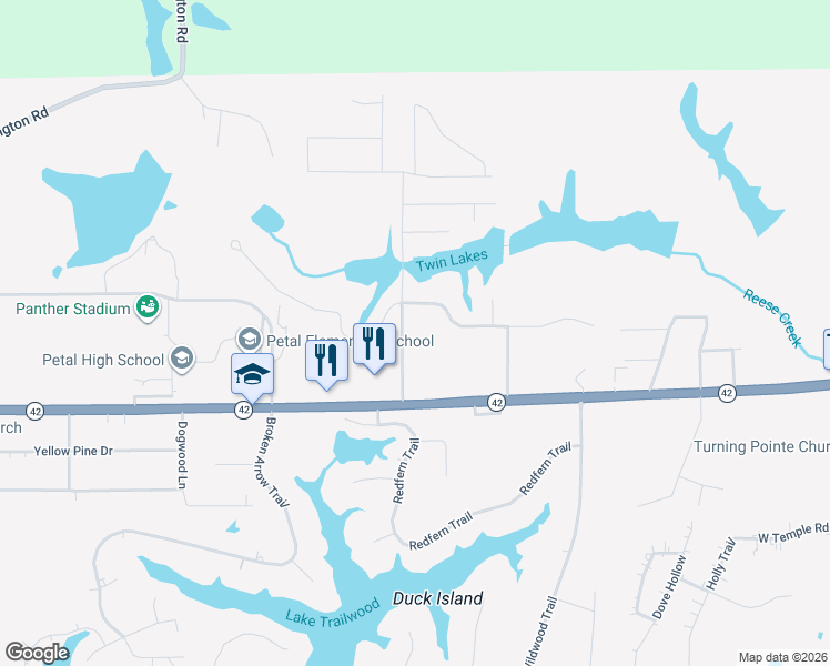 map of restaurants, bars, coffee shops, grocery stores, and more near 11 Twin Lakes Road in Petal