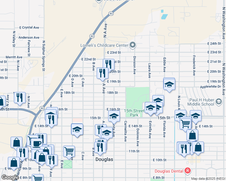 map of restaurants, bars, coffee shops, grocery stores, and more near 1240 East 18th Street in Douglas