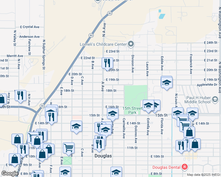 map of restaurants, bars, coffee shops, grocery stores, and more near 1122 East 18th Street in Douglas
