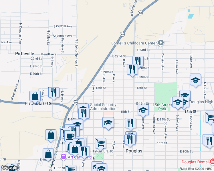 map of restaurants, bars, coffee shops, grocery stores, and more near 808 E 18th St in Douglas