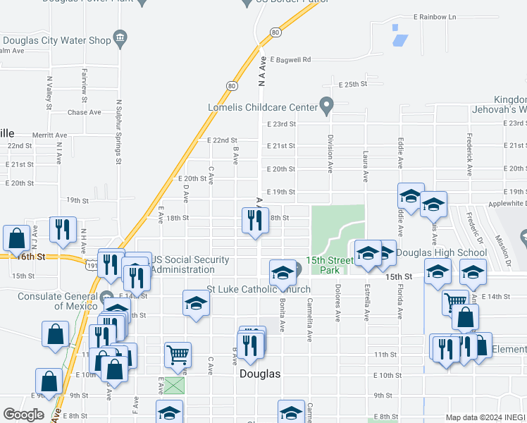 map of restaurants, bars, coffee shops, grocery stores, and more near 1122 East 18th Street in Douglas