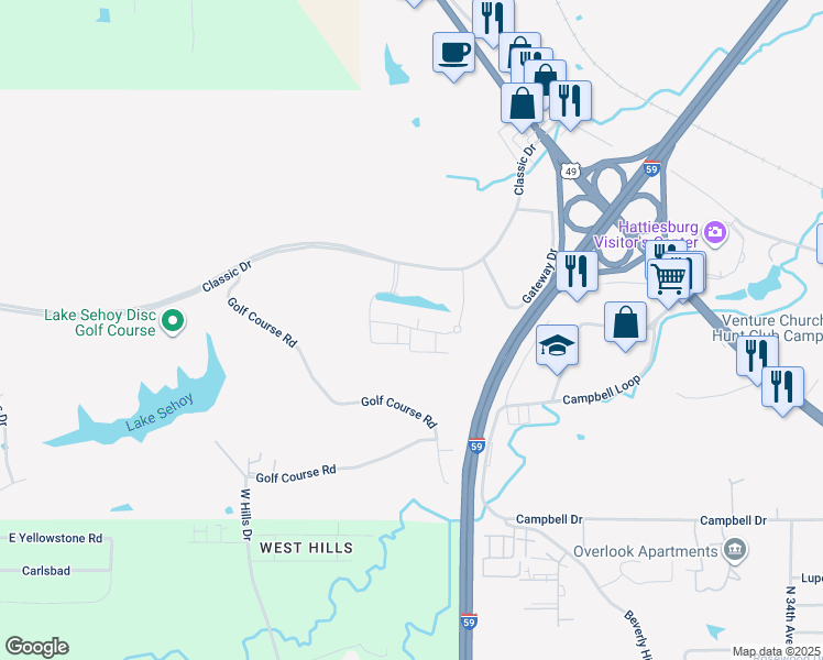map of restaurants, bars, coffee shops, grocery stores, and more near 100 Breckenridge Drive in Hattiesburg